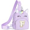 YOOLIFE Borsa a tracolla con lettere e unicorno, per bambine, Lilla, F | Marsupio personalizzato per ragazze, 3, 4, 5, 6, 7, 8, 9, 10 anni, con unicorno, regalo per donne, fidanzate, sorelle