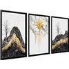 DekoArte - Quadri moderni soggiorno paesaggio50x70 cm x3 con cornice | Set 3 quadri con cornice nera, stampa paesaggio zen in toni nero e dorato, pronti da appendere