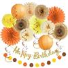 FETETIJD Decorazioni di compleanno autunnali ragazza natura rustica autunno decorazioni per feste di compleanno ventagli di carta marrone arancione crema tessuto Pom Pom lanterne con banner di buon compleanno