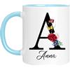 Naispanda Tazza personalizzata - Tazza con nome con motivo floreale-con la tua prima lettera e nome-Tazza da caffè per compleanno 11 Oz stampata su entrambi i lati-Regalo personalizzato per le donne-Blu cielo