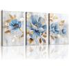WENGTIAO 3 Pezzi Floreale Blu e Oro Quadro su Tela Incorniciato 30x40cmx3 | Stampa su Tela Minimaliste Astratti Fiore Blu con Foglie Dorate Quadri Moderni Soggiorno Camera da Letto Decorazioni Parete