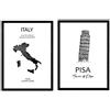 Nacnic set 2 Stampe artistiche della città di Pisa, Torre di Pisa e penisola italiana. Mappa della città dell'arte, stile nordico in bianco e nero.