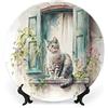 Gokays Piatti decorativi per la casa, gatto sulla finestra, vassoio decorativo per pittura primaverile per esposizione da tavolo, piatto da pranzo in ceramica con supporto, decorazione per soggiorno