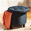 BAKAJI Pouf Contenitore Poggiapiedi in Legno con Scomparto Interno, Baule Portaoggetti con Seduta Imbottita, Sgabello Rotondo 51 x 51 x 43 cm Arredamento per Soggiorno, Cameretta (Blu Lino)