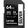 Lexar Scheda SD Lexar Silver da 64 GB, scheda SDXC UHS-I con velocità di lettura di 205 MB/s e velocità di scrittura di 90 MB/s