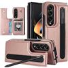 XIMAND Custodia a portafoglio per Samsung Galaxy Z Fold 3 con porta carte di credito e porta penne S, pieghevole in pelle di alta qualità con chiusura magnetica e cavalletto resistente (Oro)