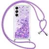 Vauki Cover per Samsung Galaxy A05s con Cordino, Trasparente Glitter Liquido Antiurto Brillantini Tracolla Custodia, Antiurto Antigraffio Silicone Bumper Laccio Protettivo Case per Samsung A05s, Viola