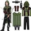 JONRRYIN Robin Hood Infanzia Costume, 7 Pezzi Kit Arciere Costume, Vestito Arciere Medievale Ragazzo, Costume Carnevale, Spettacoli Teatrali, Festa a Tema, Costume Cosplay da Ragazzo