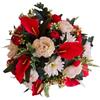 DRW Centro di fiori artificiali rotondo bianco e rosso per chiese, cimiteri e celebrazioni con anthurium rosso, poenie e gerbere, 40 x 40 x 30 cm