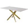 DRW Tavolo da Pranzo Rettangolare in Vetro Imitazione Marmo con Gambe in Metallo in Oro Opaco, 76 x 150 x 90 cm