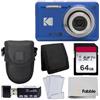 PHOTO4LESS Fotocamera digitale Kodak PIXPRO FZ55 (blu) + custodia nera per fotocamera + scheda di memoria SD Transcend da 64 GB + portafoglio per schede di memoria Tri-fold + lettore di schede SD USB ad alta