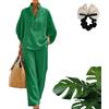 LLELEMAMO Set Due Pezzi Estivo Donna Casual Completo da Vacanza Lounge Set in Cotone Stile Lino Blusa Leggera e Pantaloni Larghi a Manica Lunga