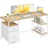 VASAGLE Scrivania per Computer, Tavolo da Ufficio, Scrivania con 3 Ripiani, 2 Cassetti, 160 x 60 x 76 cm, per Ufficio, Soggiorno, Stile Industriale, Rovere Naturale e Bianco Nuvola LWD105YD01