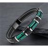 Bracciale Uomo Pelle Nera Acciaio Inox Pietre Malachite Naturali 21.5 cm