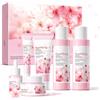 Chenzvora Kit Skincare Viso Completo 6 Pezzi, Set Skincare Viso con Detergente, Tonico, Siero, Lozione, Crema Viso e Contorno Occhi, Routine Viso Idratante con Niacinamide e Fiore di Ciliegio