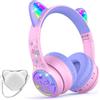 I love e iFecco IFECCO Cuffie Bluetooth per bambini senza fili con custodia, luci LED | Cuffie over-ear, orecchie da gatto, limitazione del volume a 85 dBA, microfono integrato, compatibili con iPad/tablet/scuola