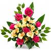 DRW Centro di fiori artificiali rosa fucsia e giallo per chiese, cimiteri e celebrazioni, con orchidee e rose, 57 x 15 x 60 cm