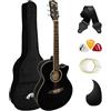 TIGER Chitarra acustica 3/4 con corpo piccolo con corde in acciaio per bambini dai 9 anni in su con borsa, tracolla, corde di ricambio e plettri - Nero