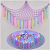 MHJY Amaca per animali di peluche con luce a LED e rete portaoggetti | Cuddly Toys, organizer per giocattoli, libera spazio sul pavimento, tessuto a mano in tessuto felpato macramè con nappa