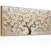 SERIMINO Quadro Moderno Albero Della Vita Fiori con Cornice 73x146 cm | Fiori Bianchi Oro, Stampa HD, Tela Pregiata, Telaio Legno Massello, Install Facile, Regalo Decorativo, Stampe da Parete