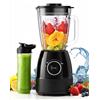 WAWORIO Frullatore, 1500W Elettrico Frullatore Smoothie con Caraffa in Vetro da 1,5L e Bottiglie Portatili 600ml, Velocità Regolabile, Lama in Acciaio Inox per Gelato, Frutta, Verdura