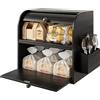 TQVAI Portapane Legno, Porta Pane da Cucina in Bambù Contenitore Grande 2 Ripian Capacità con Coperchio Arrotolabile Cestino per Posate, Nero, 37,98 x 24,9 x 36,06CM(L*P*A)
