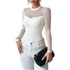 Generic Maglia da donna a maniche lunghe in rete con carré trasparente slim fit per | Pannello frontale opaco, morbido al tatto, vestibilità aderente al corpo, facile stratificazione per feste, cene