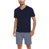 Bresdk Pigiama Uomo Cotone Corto Manica Corta Estivo 2 Pezzi Leggero Maglia | con Scollo a V e Pantaloncini Scozzesi