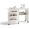 LIFEZEAL Armadietto per Cucito, Tavolo per Macchina da Cucire, 5 Ruote, 3 Mensole e 1 Ripiano, Piano Pieghevole, 117x40x 77cm, Legno, Bianco