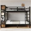 Merax Letto a castello da 120 x 200 cm, in metallo nero con vano portaoggetti, asta appendiabiti, cassetto, parete forata e ripiani aperti, letto a castello per bambini e ragazzi, letto in ferro con 2