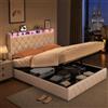 KOOPMAD Letto imbottito da 140 x 200 cm, con LED e USB, bianco, 140 x 200 cm, con cassetto, in velluto, con vano portaoggetti, letto matrimoniale con rete a doghe, letto idraulico, senza materasso