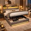 LKPOMI Letto baule 160 x 200 cm con rete, letto matrimoniale con contenitore idraulico, testiera con LED e USB, letti matrimoniali imbottiti per adulti adolescenti, senza materasso (Lin grigio, 160 x