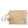 DUST/ROSE Pochette in Paglia Beige, 30x20x3 cm, con Scritta Personalizzata Ricamata a Mano, Pon Pom, Tracolla Inclusa