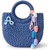 DUST/ROSE Borsetta in Paglia Blu con Iniziale Ricamata, 25x17 cm, con Chiusura a Coulisse, Pompon e Tracolla Rimovibile
