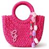 DUST/ROSE Borsetta in Paglia Fucsia con Iniziale Ricamata, 25x17 cm, con Chiusura a Coulisse, Pompon e Tracolla Rimovibile