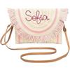 DUST/ROSE Pochette in Paglia con Scritta Personalizzata Ricamata a Mano, Panna e Rosa, 30x20x3 cm, Tracolla in Eco Pelle, Frange Rosa