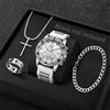 MODEO Set da uomo 4 pezzi con orologio al quarzo e gioielli - White Silver No Box