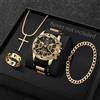 MODEO Set da uomo 4 pezzi con orologio al quarzo e gioielli - Black Gold No Box