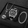 MODEO Set da uomo 4 pezzi con orologio al quarzo e gioielli - Black Silver No Box
