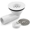 CR-MOESANCO Sifone curvo bianco per roulotte e camper | Foro 25 mm, tappo a catena 27 cm, guarnizione tonica inclusa, uscita a gomito 20 mm, lavabo e lavello
