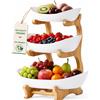 Realoutlet Fruttiera a 3 Ripiani in Ceramica con Supporto in Legno, Portafrutta, Alzata per Frutta e Dolci, Porta Dessert, Cestino Portafrutta per Frutta, Verdura, Snack e Torte, Centrotavola per Cucina