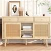 boorbin Credenza, comò con 3 cassetti e 3 ante scorrevoli, rattan intrecciato sulla parte anteriore della porta, gambe in legno massiccio, maniglia in metallo dorato, ripiani regolabili, rovere (120 x