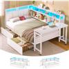 AOGLLATI Letto Singolo Imbottito 90x190 con Scrivania e due Cassetti | Letto LED con Porta di Ricarica, Letto Contenitore con Testiera in Morbido Lino, Letto Singolo con Tavolo Pieghevole