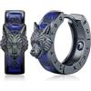Odinstone Orecchini Uomo, Orecchini a Cerchio Uomo, Blu Neri | Odinstone Orecchini a cerchio da uomo, stile nordico, con rune vichinga e zirconi blu, coppia compatta da 17 mm