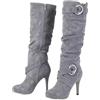 Generic Stivali Alti Ginocchio Tacco Ago Donna Camoscio Fibbia Zip Laterale | Stivali Alti Grigi Arricciati con Fibbia Metallica, Stivali Tacco Alto Sexy per Festa Sera Appuntamento