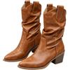 Uwdiohq Stivali Alti Texani Donna Western, Scarpe da Donna A Punta in Pelle Sintetica Vegana,Tacco Medio Stivali Western Cowboy Casual