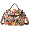 Karoukee Borsa a Tracolla e Spalla Donna in Vera Pelle Floreale Stile Boho | Dimensioni medie capienti. Scomparti organizzati. Manico superiore e tracolla regolabile. Motivo patchwork in stile bohemien
