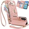 Fofvccv Fiori Portafoglio Custodia per Samsung Galaxy S26 FE - HHY Rosa | Cover a Libro Flip in Pelle, Case Antiurto Donna con Porta Carte Slot Chiusura Lampo Cinturino da Polso per Samsung S26 FE
