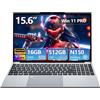 DIAKUOE PC Portatile 15,6 Pollici,13th Gen N150 Processor,16GB RAM DDR4 512GB SSD, Win 11 Pro Notebook Tastiera Retroilluminata/Sblocco con Impronta Digitale, Webcam, USB 3.0, HDMI/Wi-Fi 5 Computer Portatile