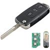Heart Horse 433Mhz 3 Tasti Ricambio Chiave per Telecomando Pieghevole con ID48 Chip per Volks-wagen V w Jetta Golf Passat Beetle Sko-da Seat Polo Tour-an Guscio con Batteria e Lama (OEM:1K0959753G)